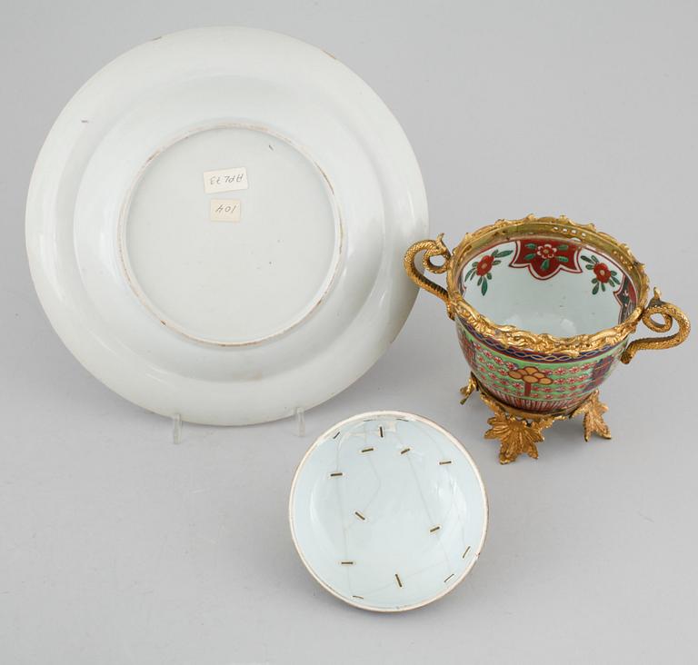 Three polychrome cups with barrels, three cups, one bowl with lid and one plate, Qing dynasty, 18/19th century.