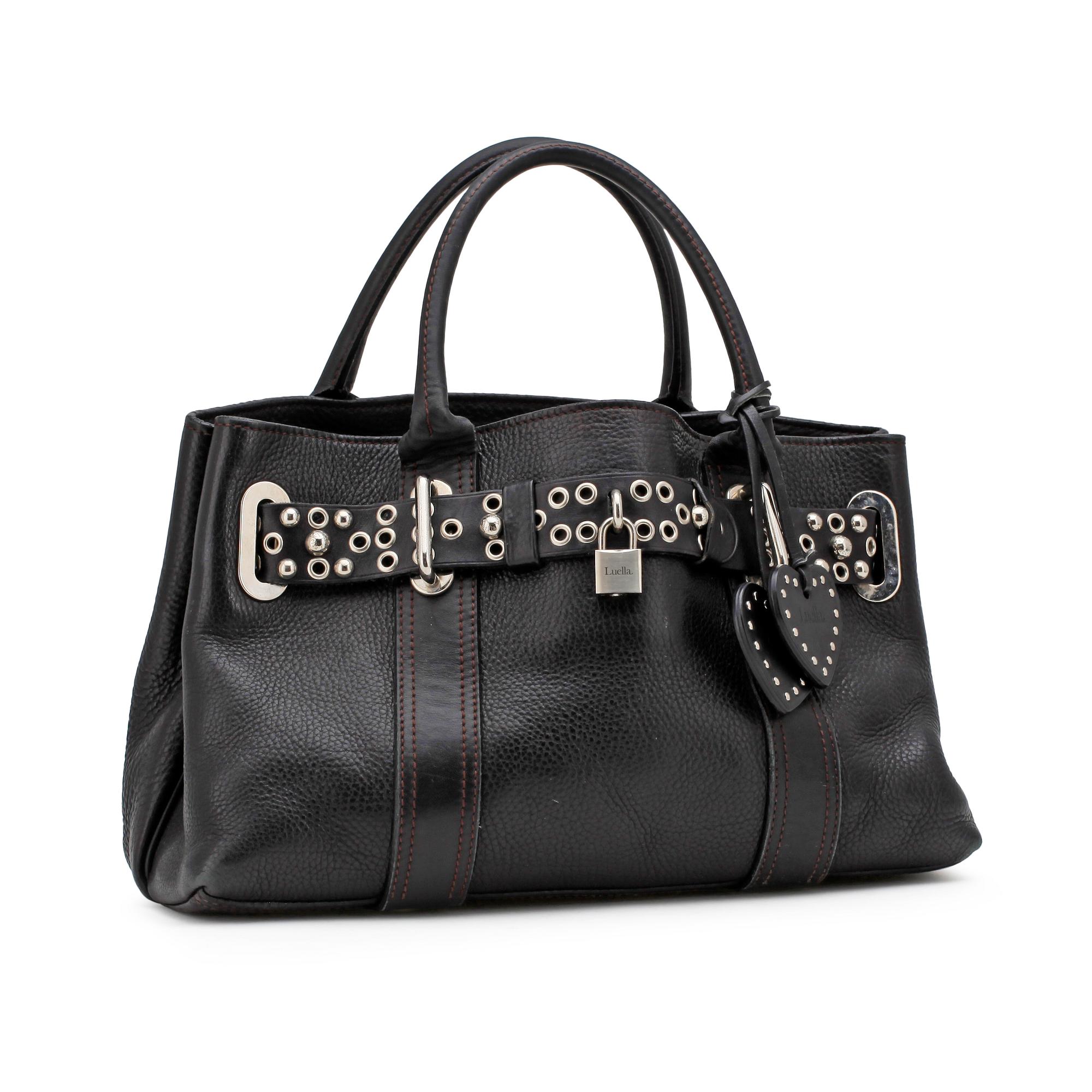 LUELLA BARTLEY, a black leather handbag.