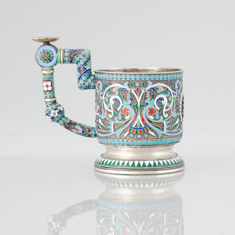 A Russian 19th Century silver-gilt and enamel tea-glass holder, unidentified makers mark, Moscow before 1899.