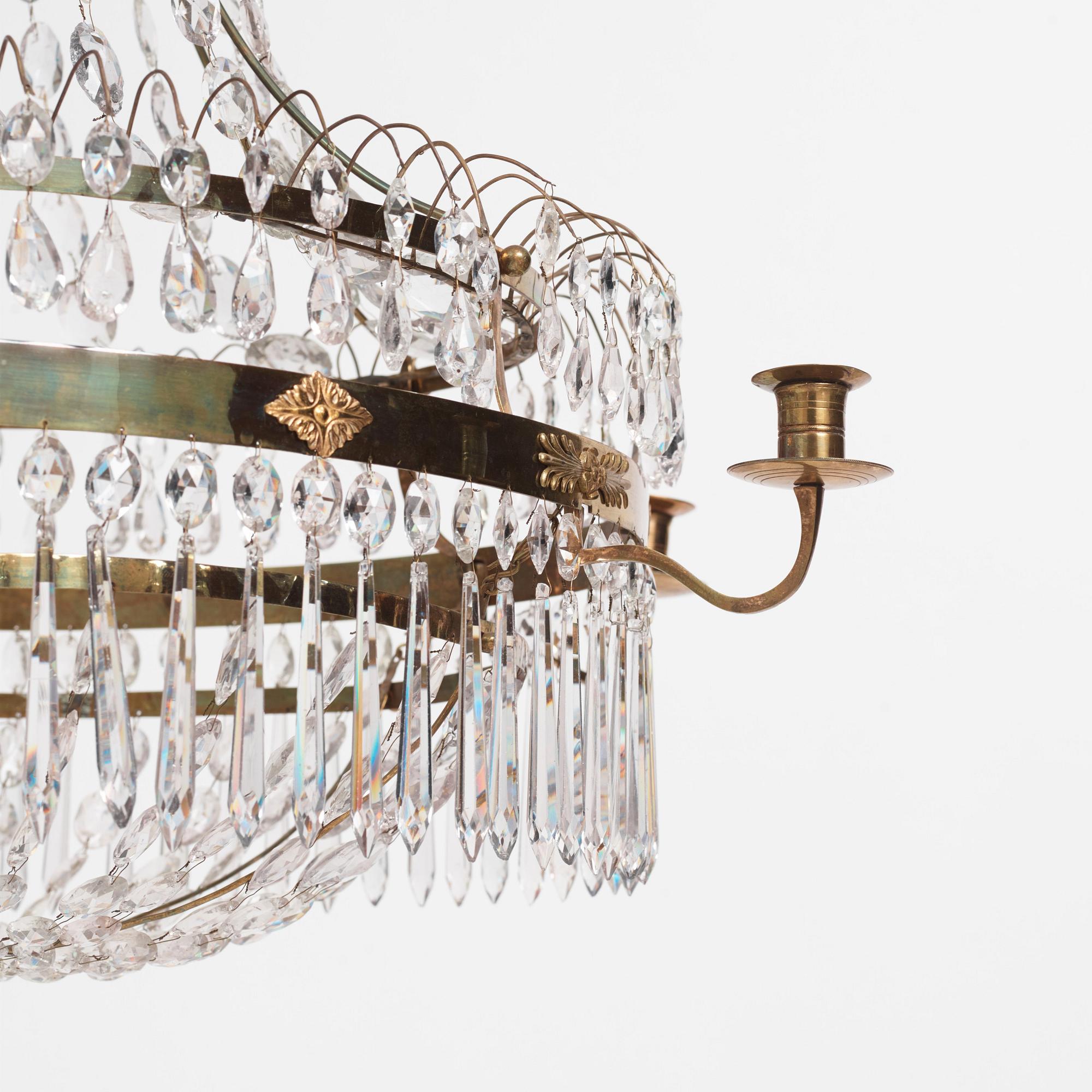 A late Gustavian gilt-brass and cut-glass six-light chandelier, Stockholm, circa 1800.