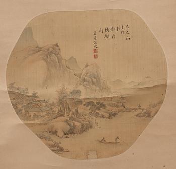 Four fan paintings and calligraphy, of landscapes and flowers, mounted as scrolls, late Qing dynasty/early 20th Century.