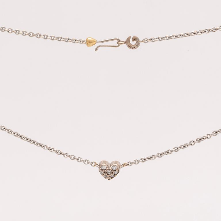 Lynggaard pendant on cjain, 18k whitegold brilliant-cut diamonds 0,08 ct, width heart approx 5 mm, length 40 cm, dustbag.