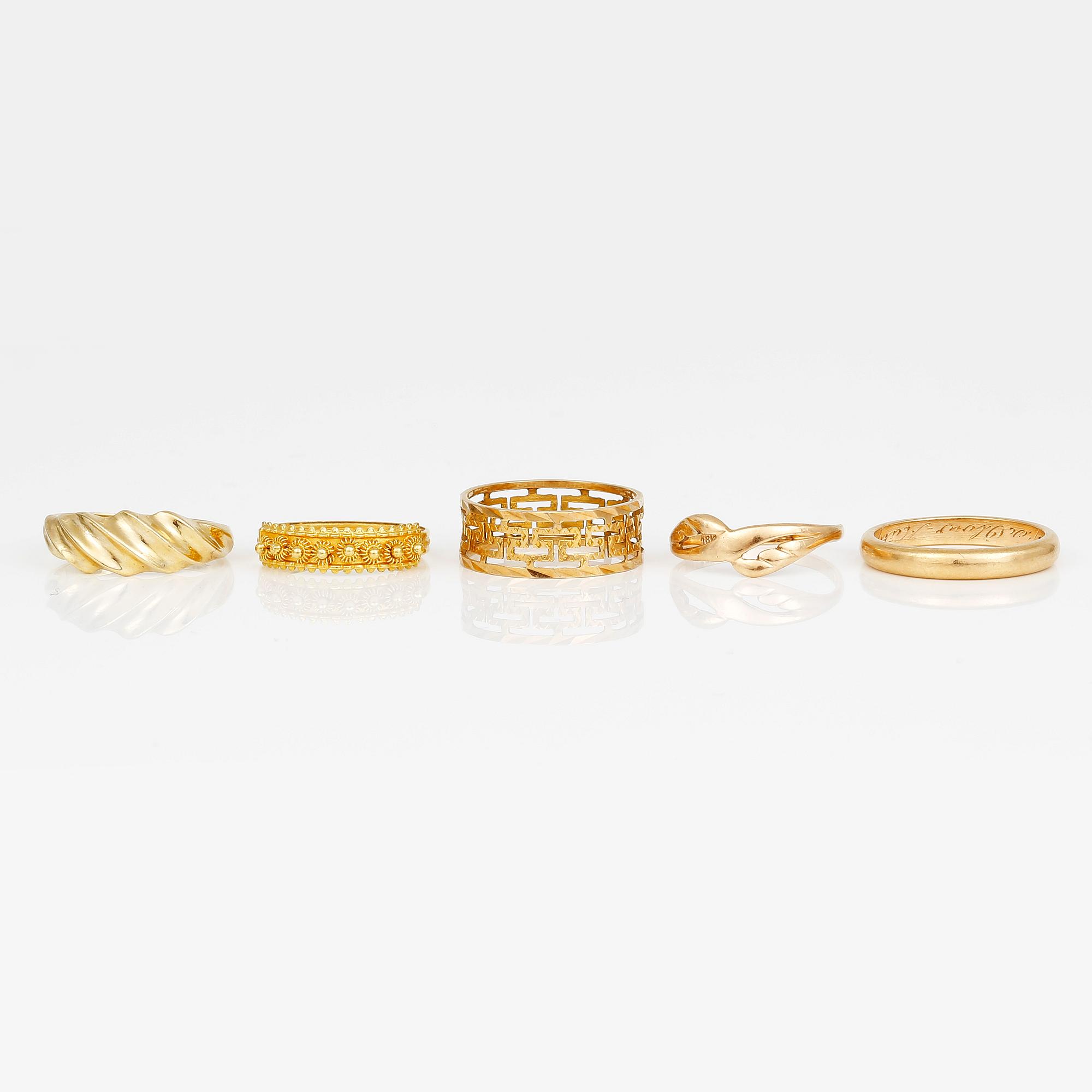 RINGAR, 5 st, mestadels 18K guld. Total vikt ca 10,22 g.
