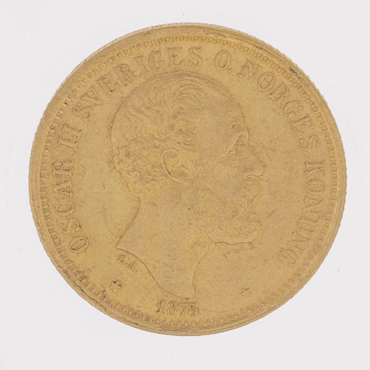 MYNT, guld, 20 kronor, Oscar II, 1875, vikt ca 9 g.