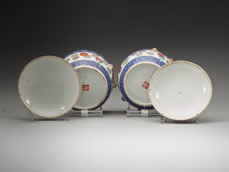 A pair of famille rose and blue enamel tureens with covers, late Qing dynasty.