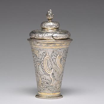 A Russian 18th century parcel-gilt silver beaker and cover, mark of Grigorij Poltow, Moscow (1755-1768).