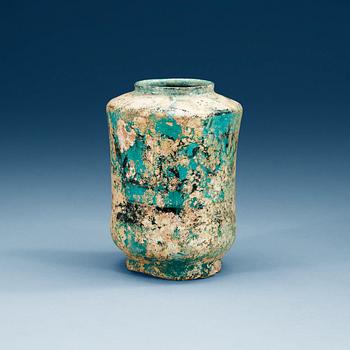 1139. ALBARELLO, pottery. Turquoise glaze and black decoration. Persia, Kashan early 13th century.