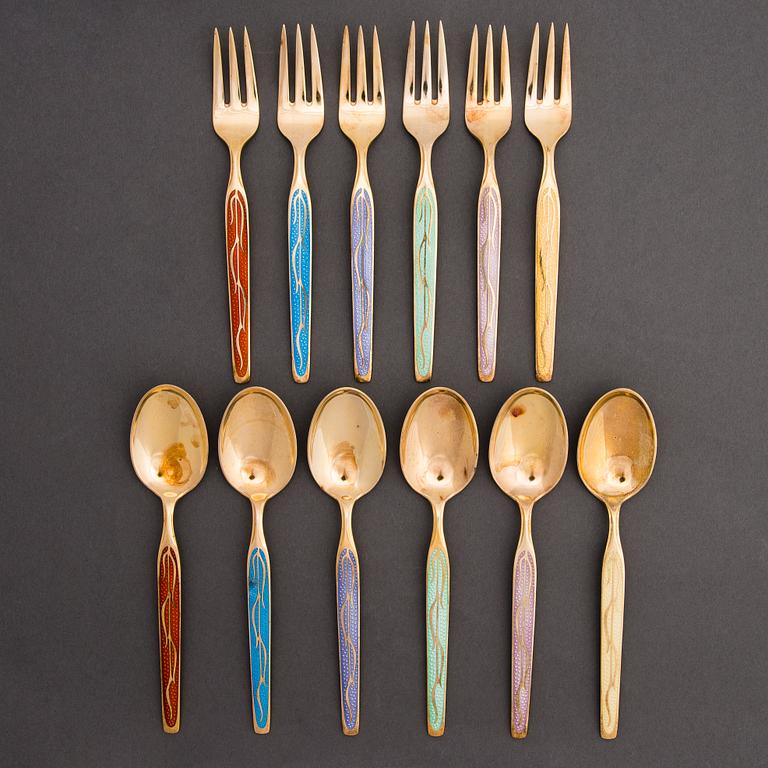 A 12-piece set of enamelled dessert cutlery in gilt sterling silver, Thorvald Marthinsen, Norway, Swedish import marks.