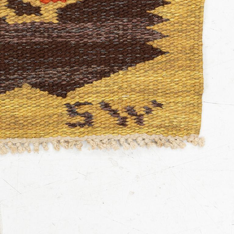 A flat weave carpet, signed SW (Solveig Westerberg), "Le Petite". Sold at Nils Nessim AB. 200 x 130 cm.