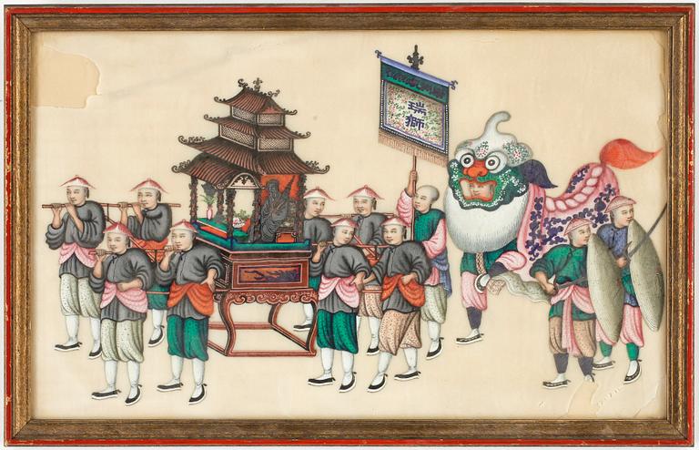 GOUACHER, 7 st, på rispapper, Kina 1800-tal.