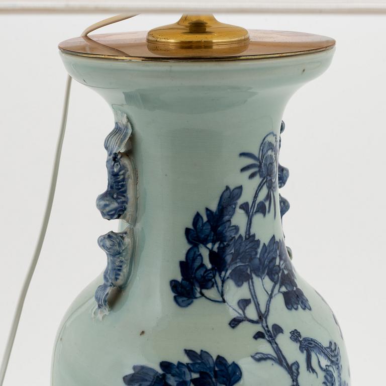 A matched pair of blue and white celadon ground vases moutned as table lamps, China, circa 1900.