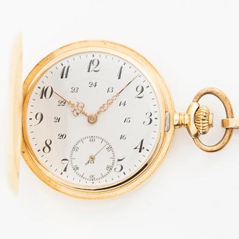 Pocket watch, 14K gold, hunter case, 49.5 mm, with chain.
