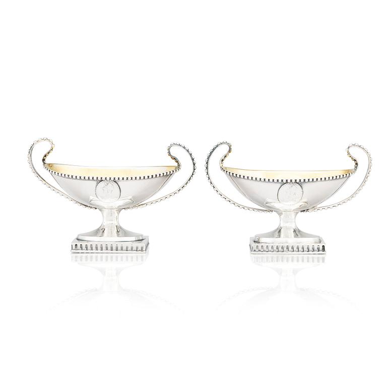 A pair of Swedish Gustavian 18th Century parcel-gilt silver salt cellars, Pehr Zethelius, Stockholm 1793.