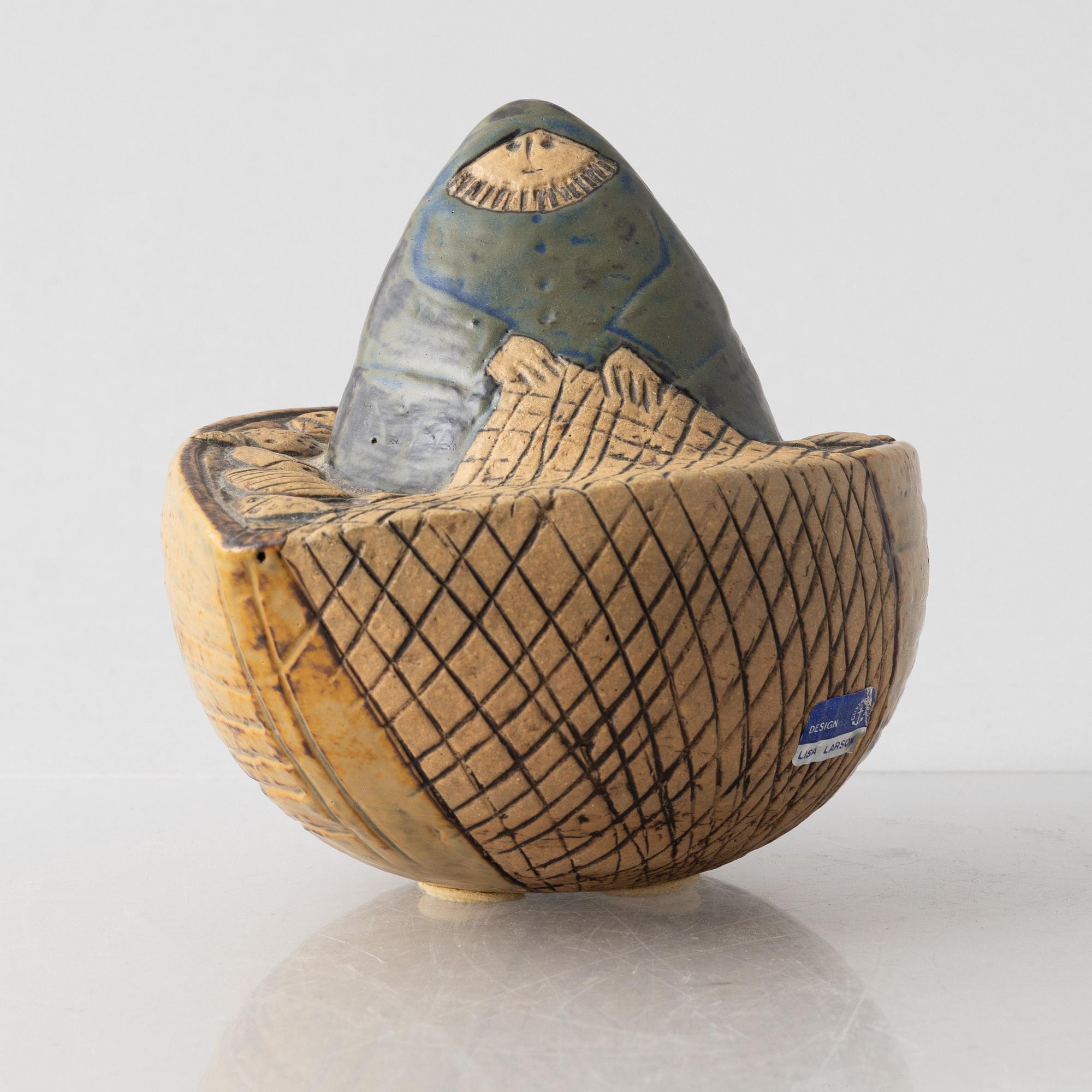 Lisa Larson, a stoneware sculpture, 'Fiskare i båt' (Fisherman in a boat), Gustavsberg.