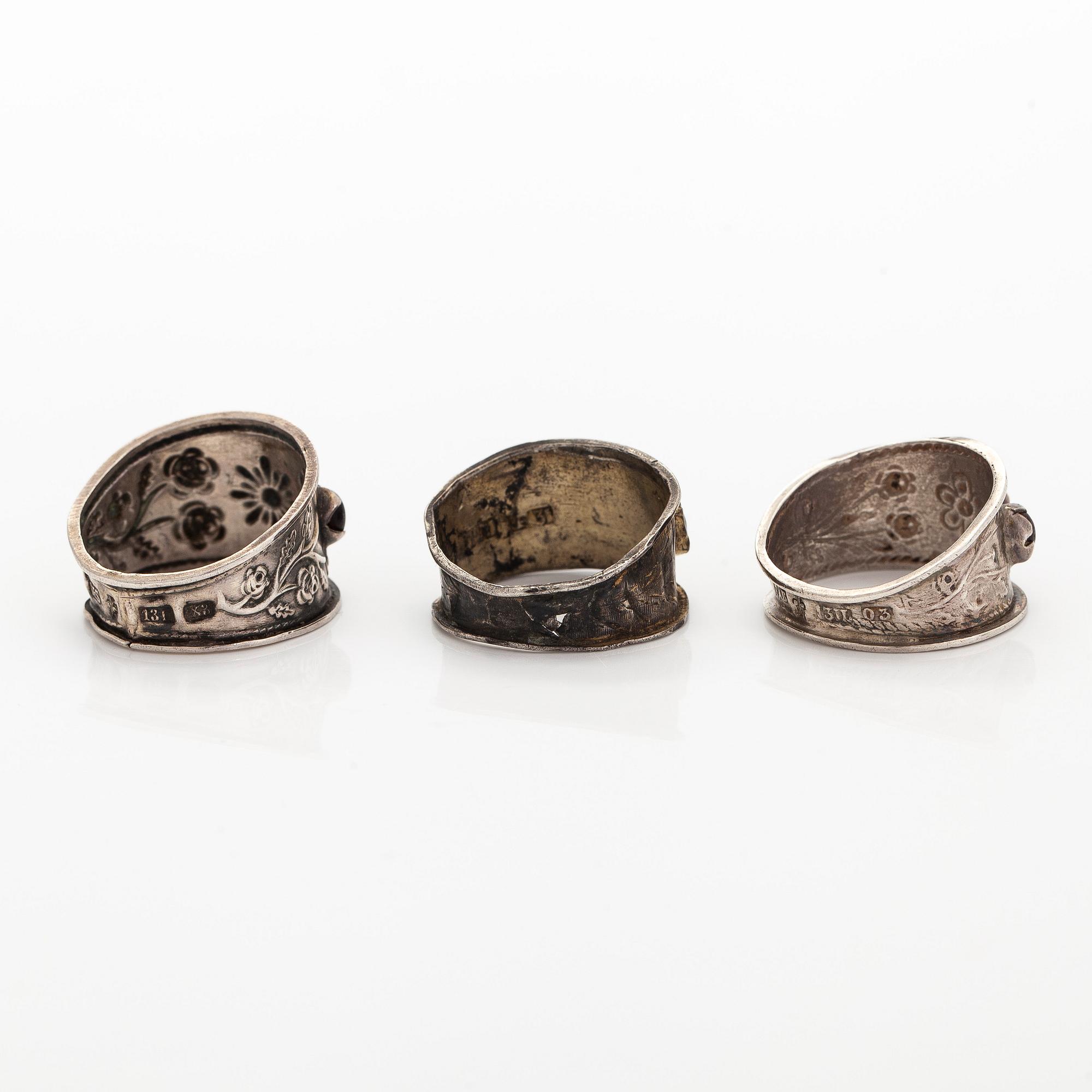 Sormukset, 3 kpl, hopeaa, Suomi 1800-luku.