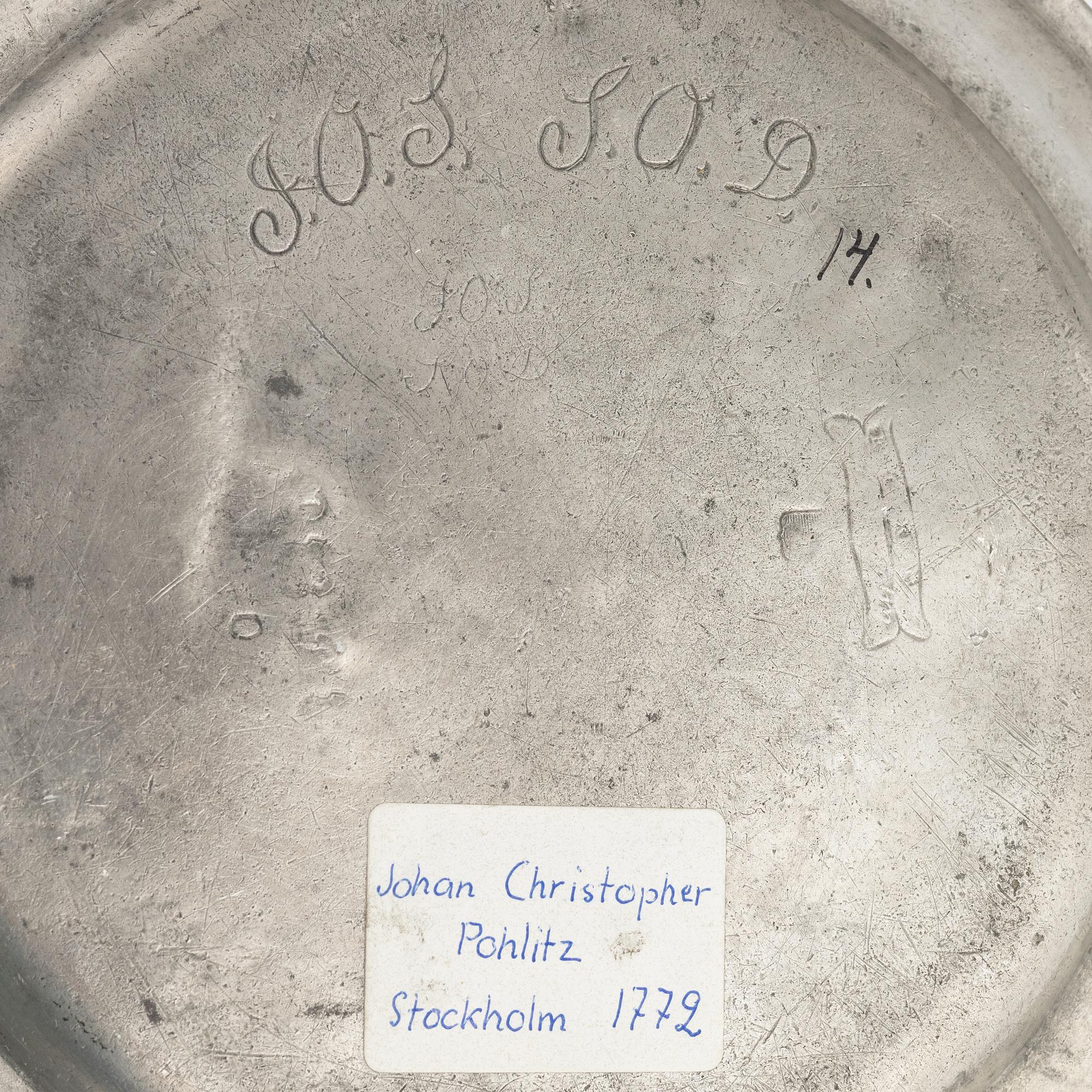 Six pewter plates, Sweden, including Melchior Beck, Stockholm, 1737, and six pewter plates, London, 18/19th century.