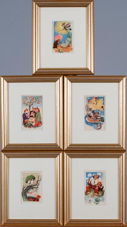 KONSTVYKORT, 10 st, efter Tove Jansson, 9 med synlig signering i trycket, Taidekorttikeskus 1940-tal.