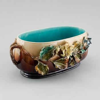 A majolica vase, a flower pot and a jardiniere from Rörstrand, around the year 1900.
