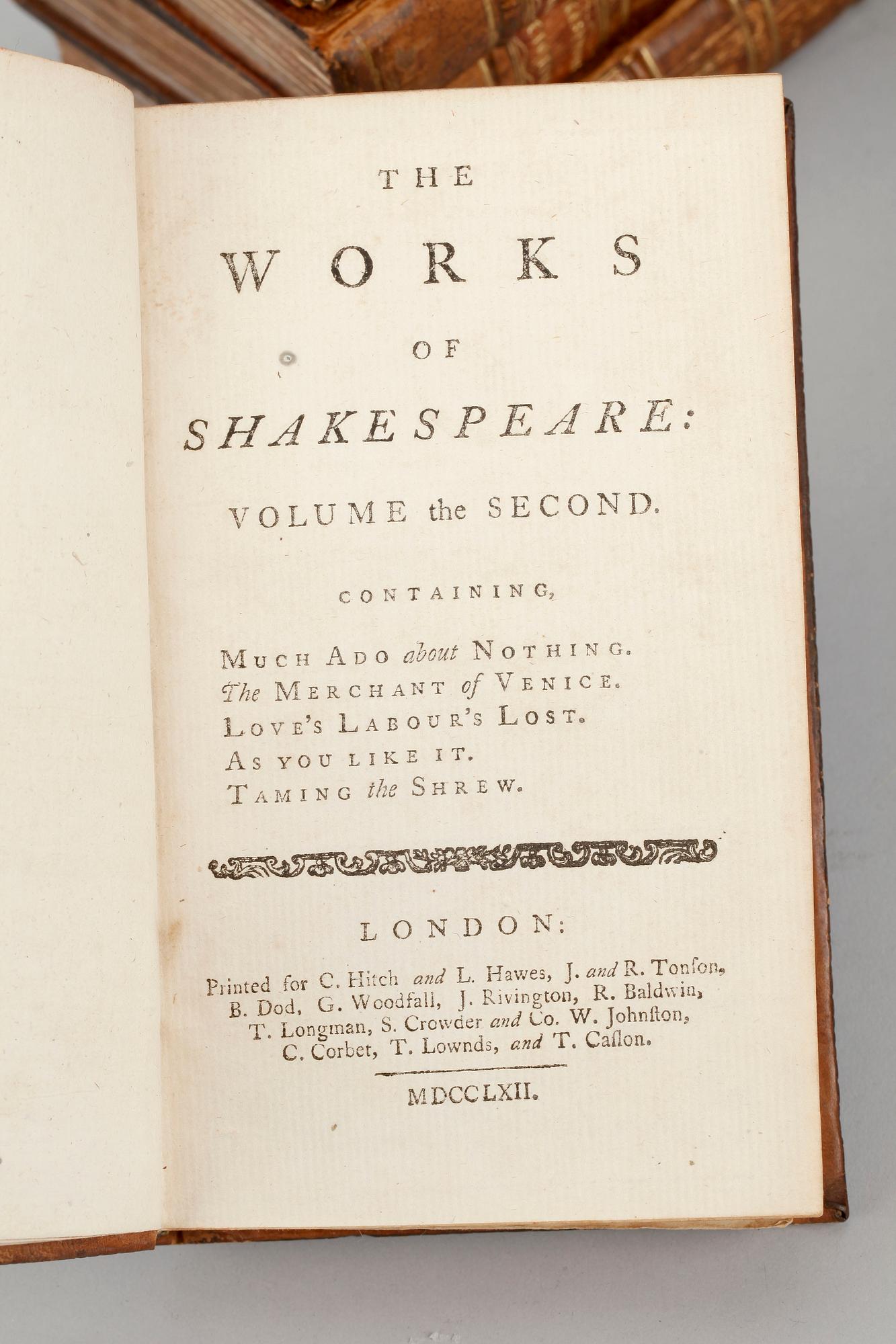 BÖCKER, 8 volymer, "The Works of Shakespeare in eight volumes", Theobalds, 1762.