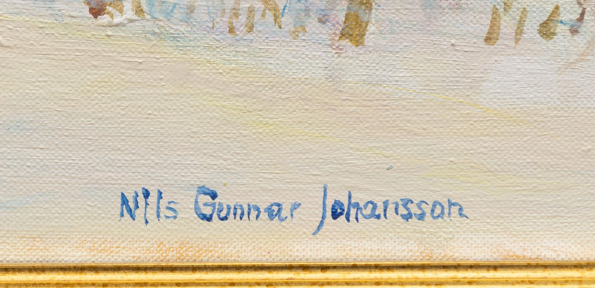 Nils Gunnar Johansson, Vinterlandskap med stugor vid fjäll.