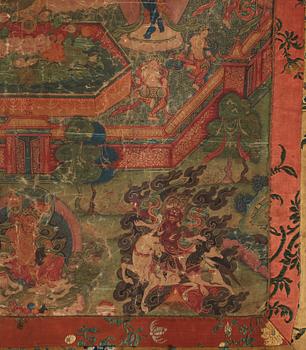 Thangka, grön Tara, tusch och färg på duk. Tibet, 1800-tal.