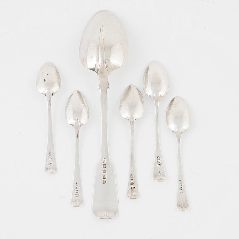 Six silver spoons, Ireland and England, including James Le Bas, Dublin 1828.