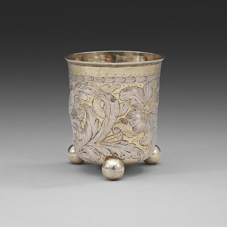 A German 17th century parcel-gilt beaker, marks of Tobias Lange d.ä., Dresden (1676-1695).