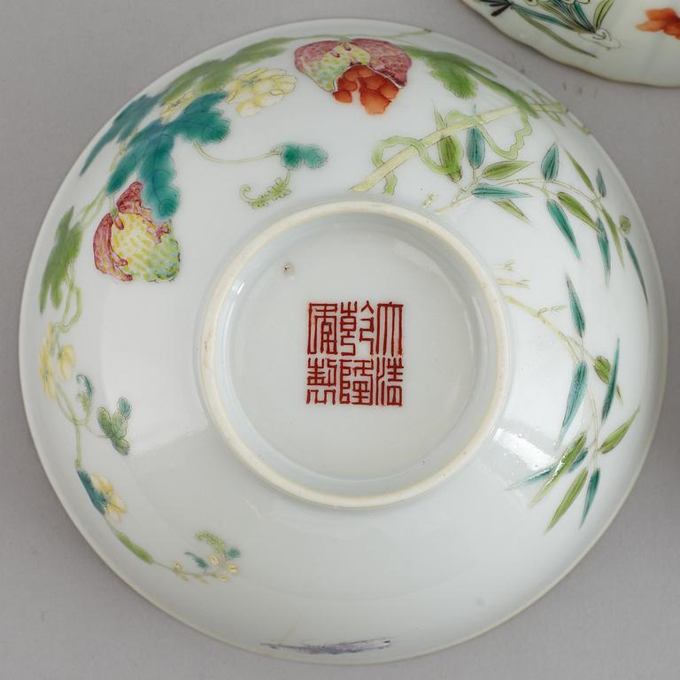 A set of three famille rose bowls, China, 20th Century.