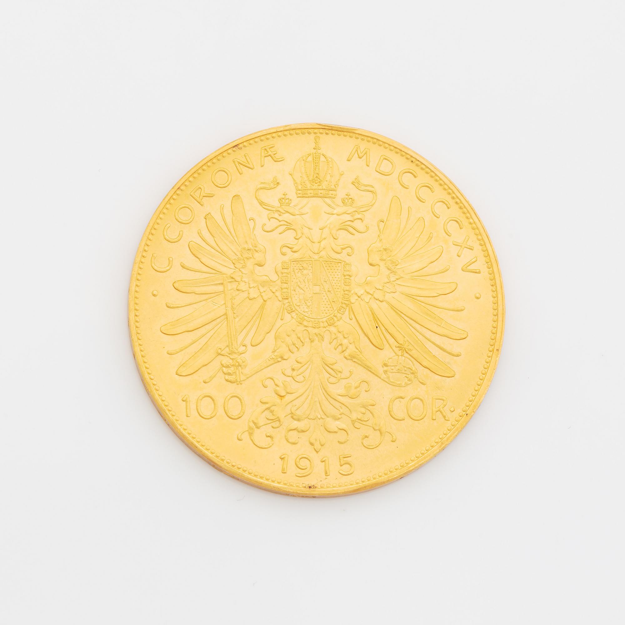 A Austrian gold coin, re-striked 100 Corona, 1915.