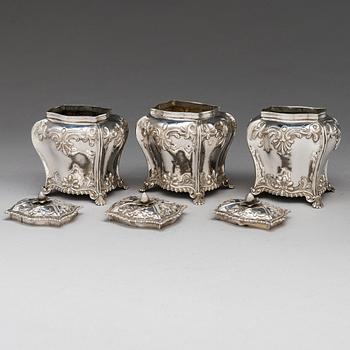 A set of George III sterling silver tea caddies, maker's marks of Thomas Bumfriss & Orlando Jackson London 1766.