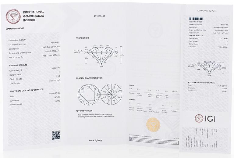 Sormus, briljanttihiotut timantit, keskitimantti 1,63 ct, 18K valkokultaa.
