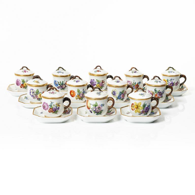 Royal Copenhagen, twelve cream cups with saucers, 'Saxon Flower', Denmark, 1923-34.