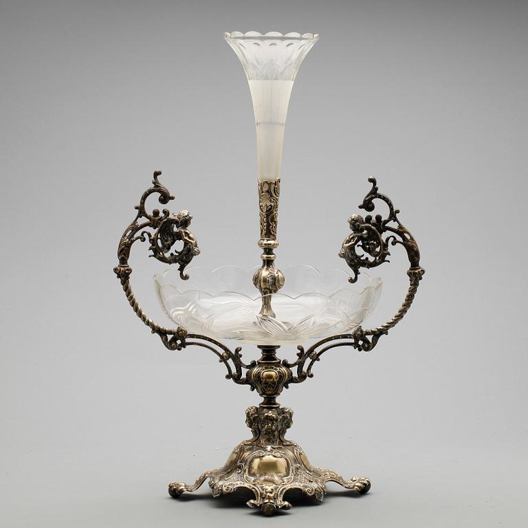 UPPSATSSKÅL, nysilver, glas, sent 1800-tal.