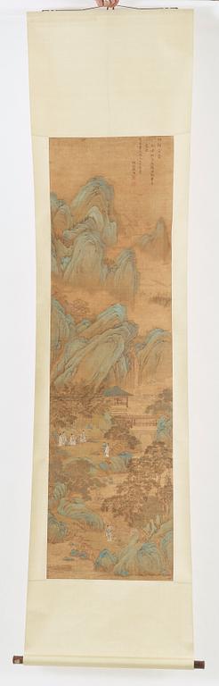 A hanging scroll of figures in a landscape, presumably by a female artist (Yinhu from Tongjin), Qing dynasty 1644-1912.