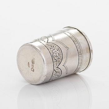 Five silver beakers, maker's mark of  P.J. Silventoinen, and a box, cup and letter opener, Russia, France and Finland.