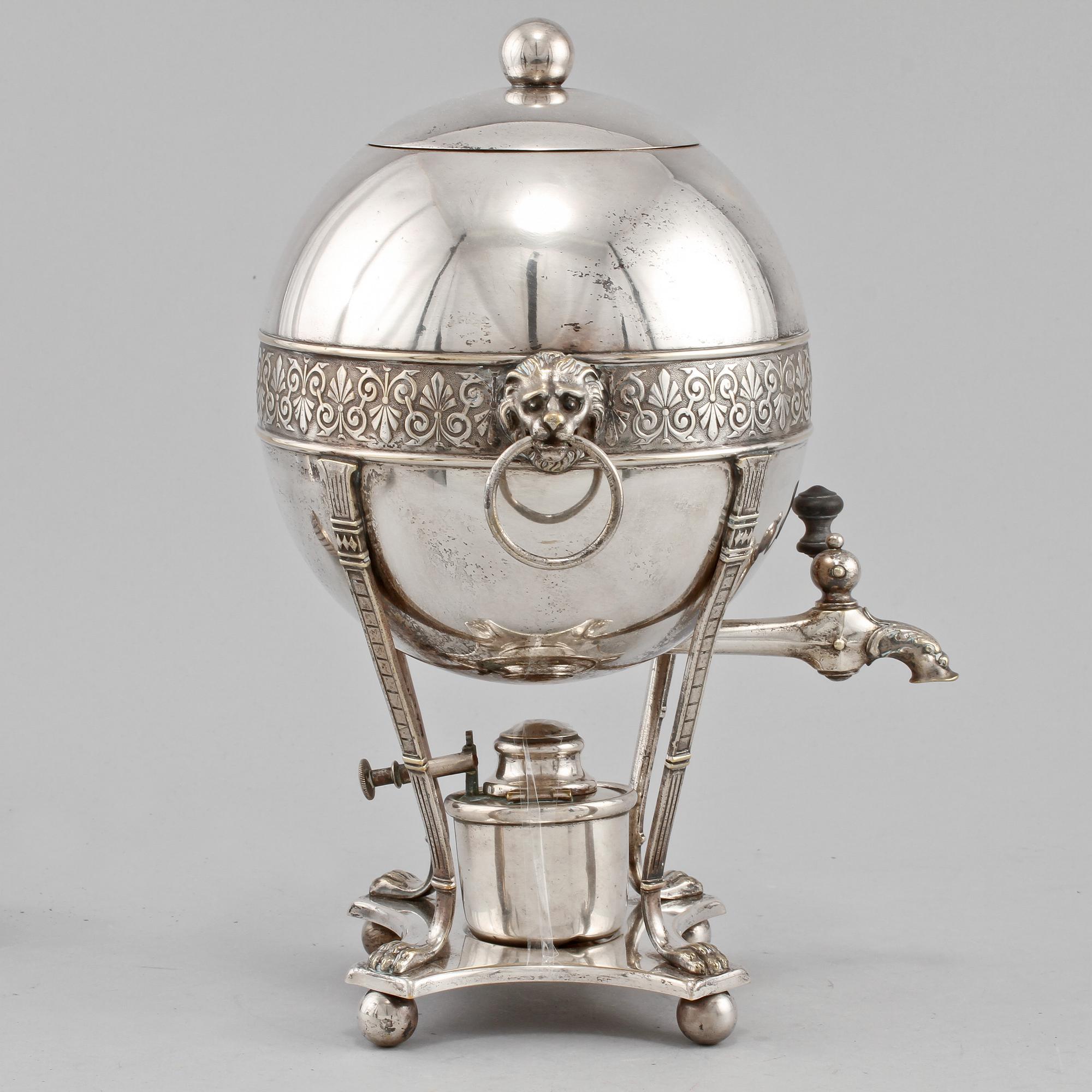 SAMOVAR, SLEV, samt FAT, WMF, vitmetall, omkring 1900.