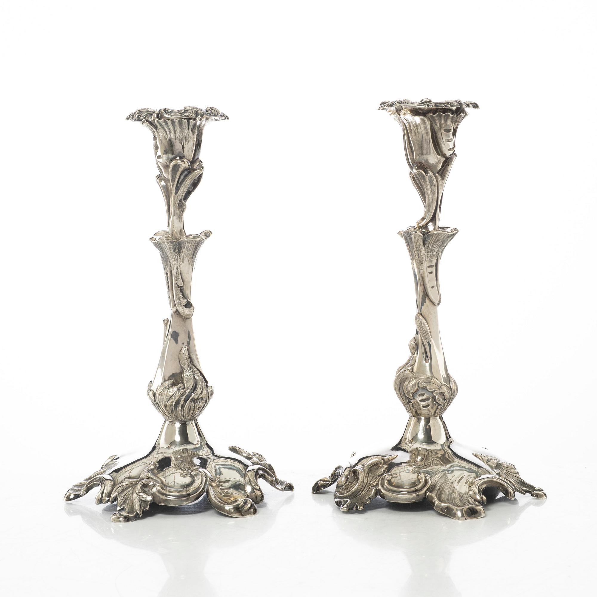 Gustaf Möllenborg, a pair of neo-rococo silver candle sticks, Stockholm, Sweden, 1855.