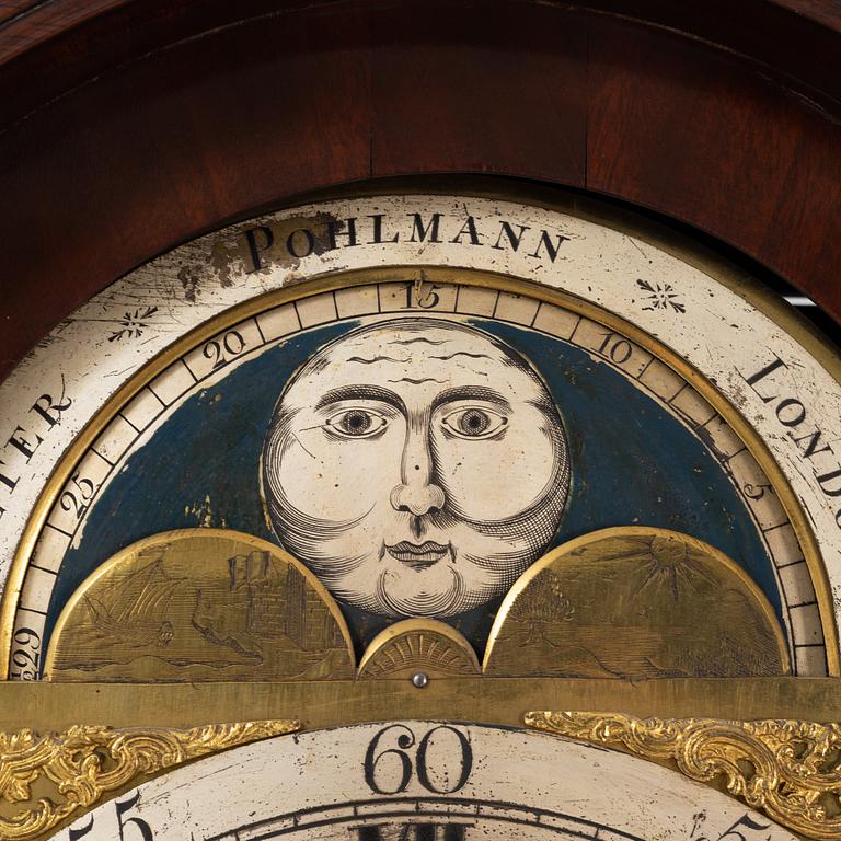 A mahogany veneered longcase clock, marked Peter Pohlmann, London, England, 18th century.