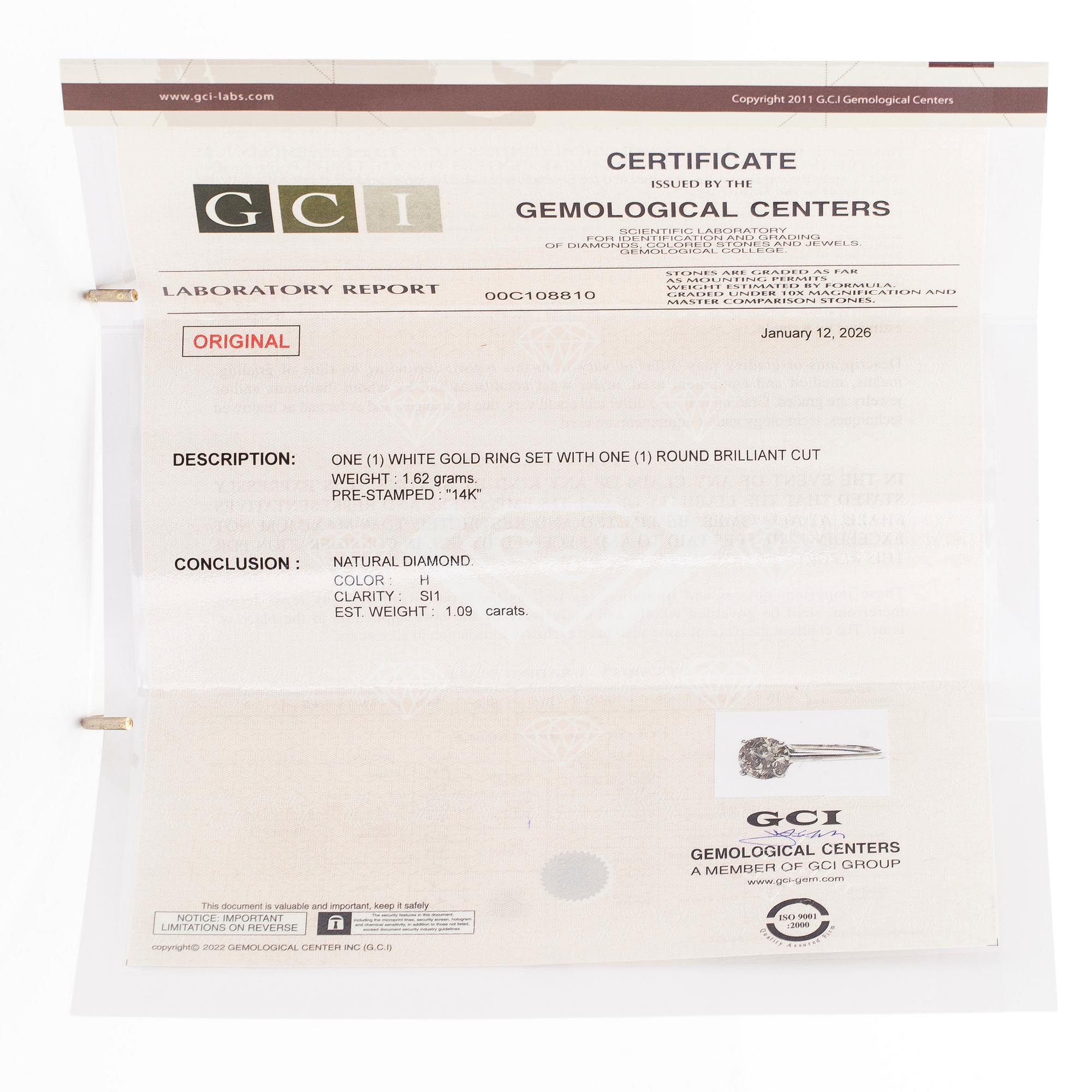 Sormus, briljanttihiottu timantti, 14K valkokulta.