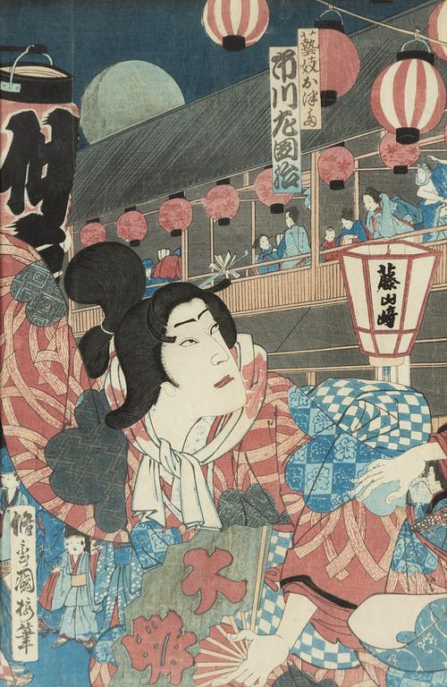 Kuniume Utagawa (aktiv 1866-1883), triptyk, Kabukiskådespelare omgivna av lyktor.