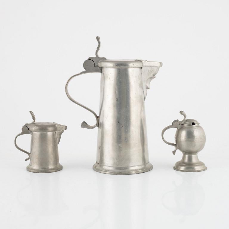 A pewter tankard, jug, and mustard jug by N. Forss (master active in Västerås 1740-86).