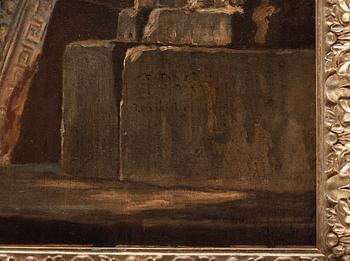 Giovanni Paolo Panini, Capriccio med figurer vid romerska ruiner och Konstantinbågen.