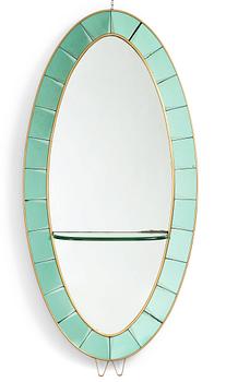 Italian designer, a wall mirror, 1950-60's. Emerald green tinted glass and brass frame.