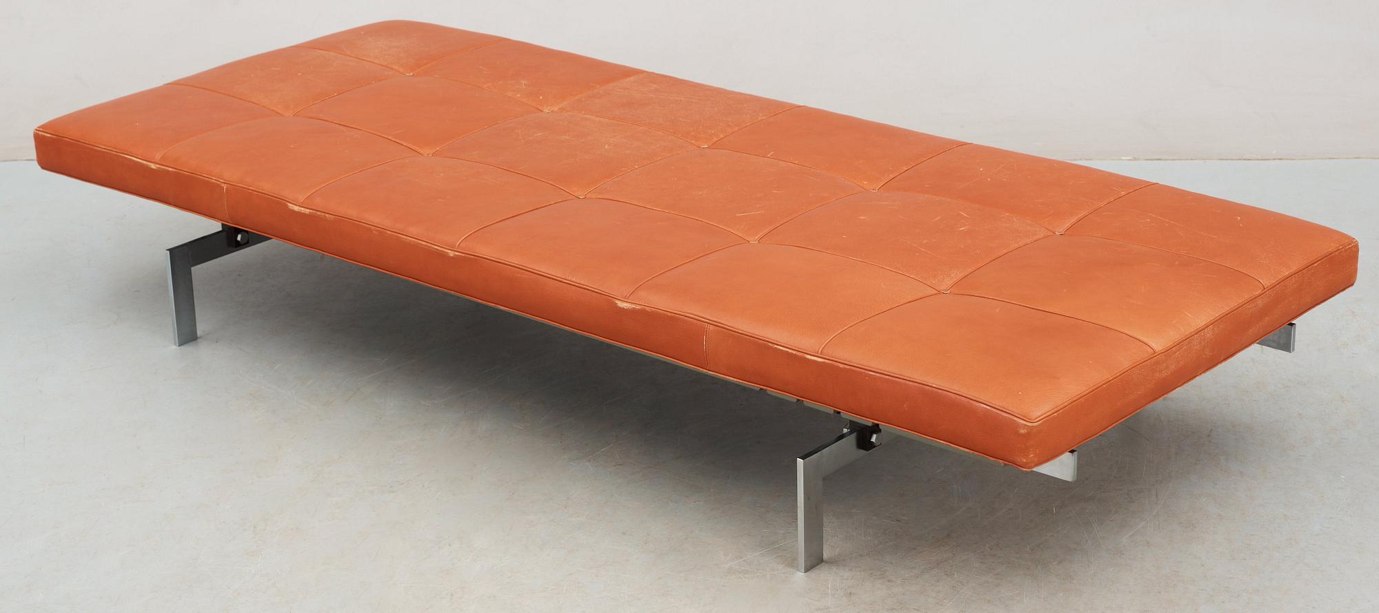 A Poul Kjaerholm 'Pk-80' brown leather aand steel daybed, Fritz Hansen, Denmark.