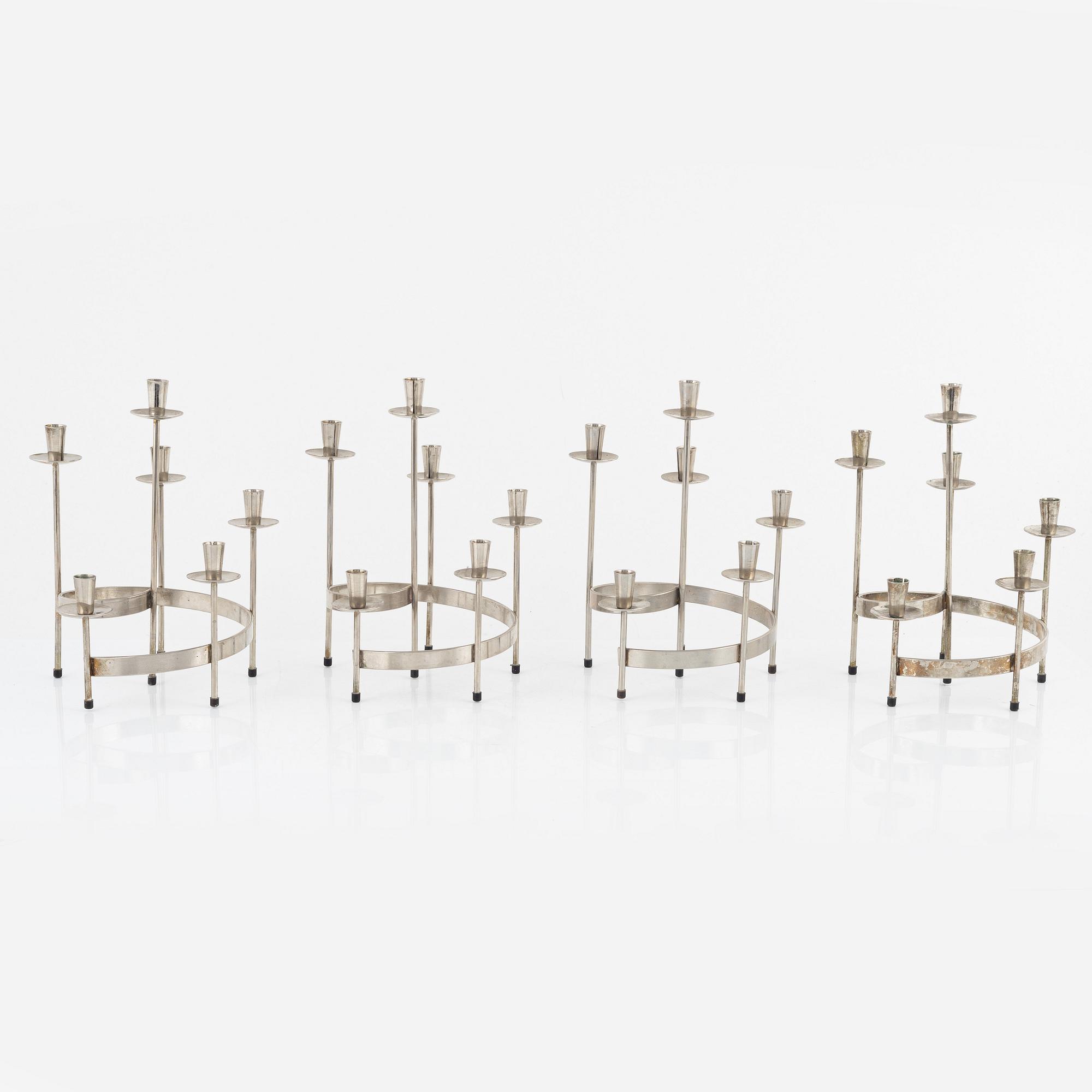 Harry Boström, kandelabrar, 4 st, vitmetall, 'Spiral', Bo Svensk.