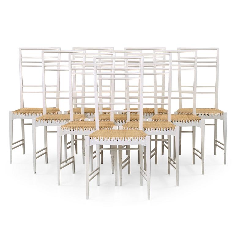 A set of 10 Erik Chambert 'Poem' white lacquered and rattan chairs, Chambert's, Sweden 1950's.