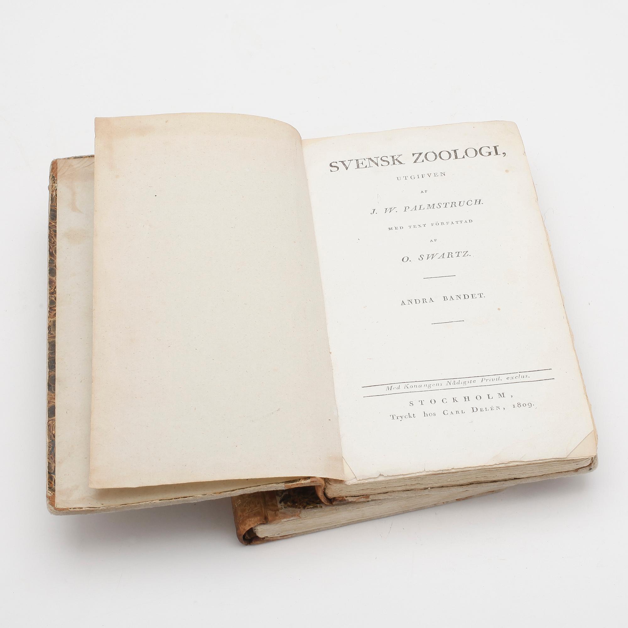 BOK. PALMSTRUCH, J. W. "SVENSK ZOOLOGI" 2 vol. Stockholm, Tryckt hos Carl Delén 1809.