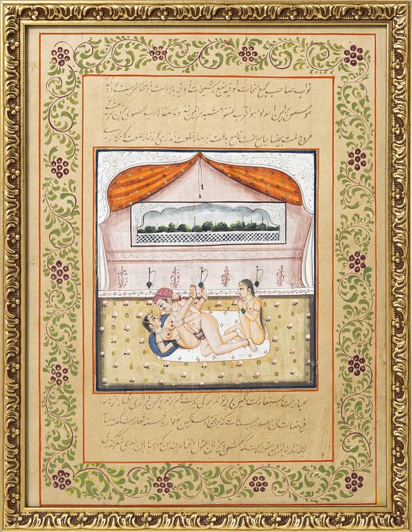 Unidentified artist, Erotic scenes in palace interiors, India, 19/20th century. Two paintings.