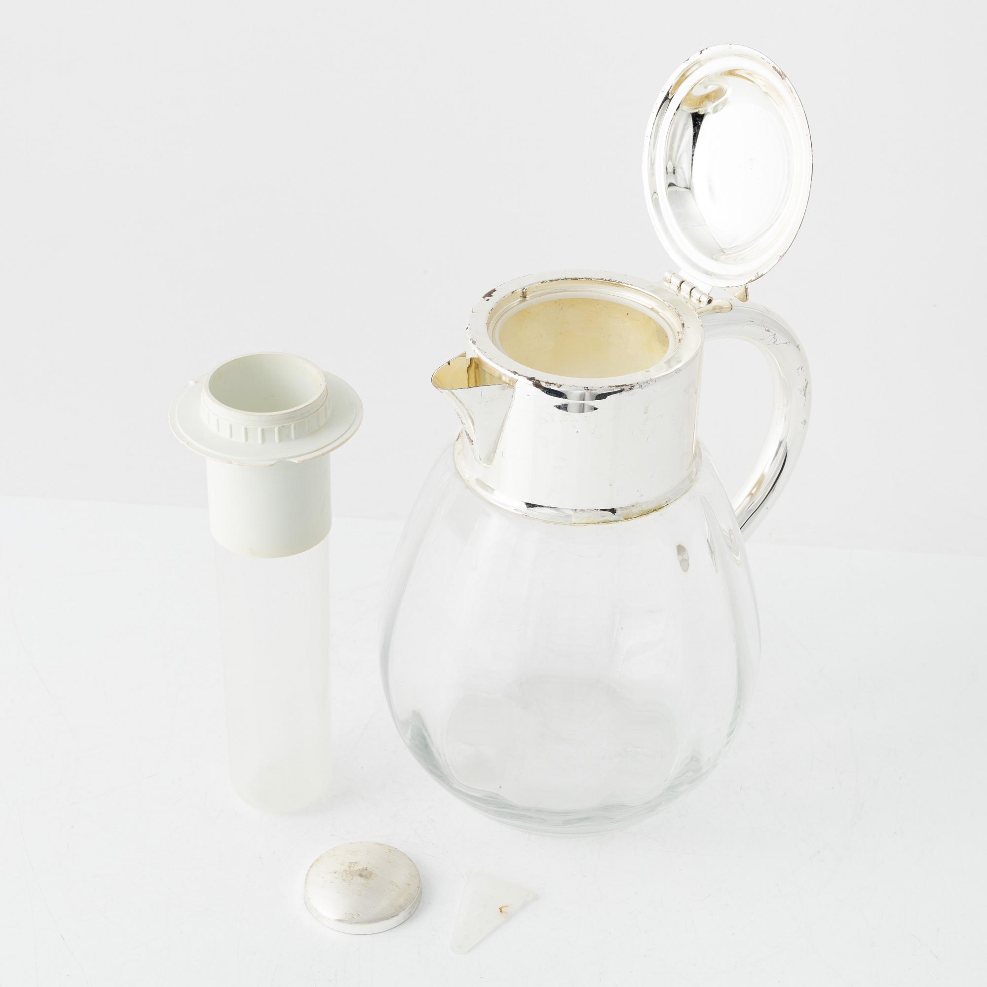 Lemonadkanna / cocktailkanna, glas och vitmetall, 1900-tal.
