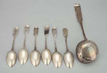 MATSKEDAR, 6 st samt FÖRLÄGGARE, silver, 1800-1900-tal. Tot. vikt. ca 644 g.